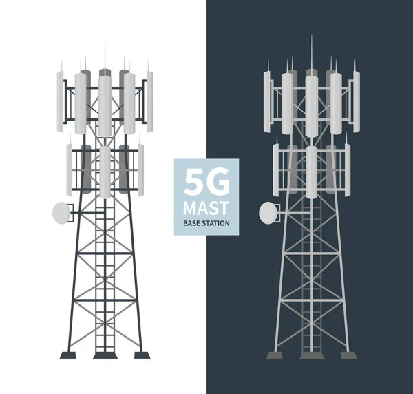 Ensemble isolé de stations de base de mât réseau 5G — Image vectorielle