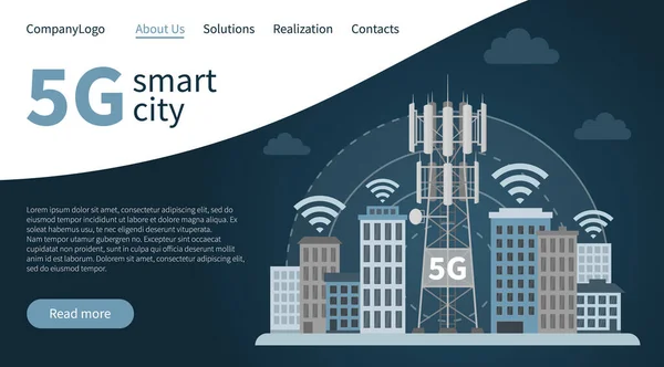 Basis stasiun menara 5G halaman pendaratan kota pintar. - Stok Vektor