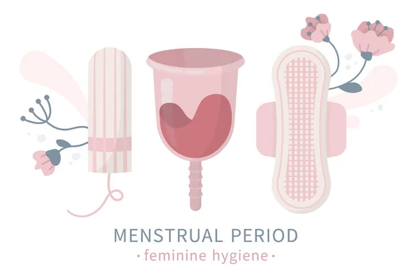 Ange menstruation kopp tampong servett foder och blommor — Stock vektor