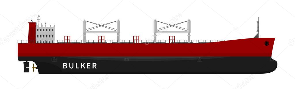 Red bulker cargo ship on white background
