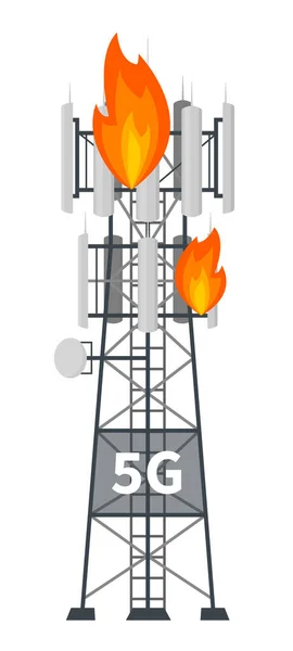 5G árboc bázisállomás torony lángokban — Stock Vector