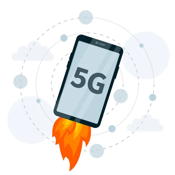 5G est fusée rapide et smartphone vole — Image vectorielle