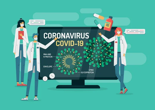 Läkare berättar om coronavirus struktur på TV — Stock vektor