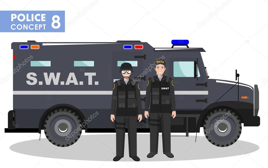 Police concept. Detailed illustration of SWAT officer, policeman and armored car in flat style on white background. Vector illustration.