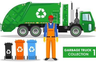 Çöp kamyonu koleksiyonu. Çöpçü, kamyon ve dumpsters düz tarzında beyaz arka plan üzerinde farklı türleri ayrıntılı Illustration. Vektör çizim.