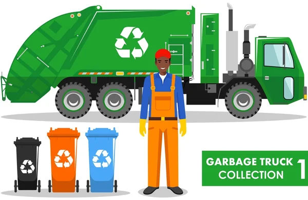 Vuilniswagen collectie. Gedetailleerde illustratie van garbageman, vrachtwagen en verschillende soorten afvalcontainers op witte achtergrond in vlakke stijl. Vectorillustratie. — Stockvector