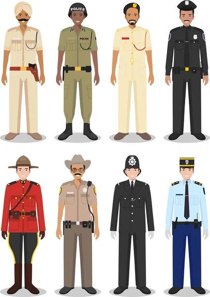 Il concetto di polizia internazionale. Set di diverse illustrazioni dettagliate di sceriffo, gendarme e poliziotto in stile piatto su sfondo bianco. Illustrazione vettoriale . — Vettoriale Stock