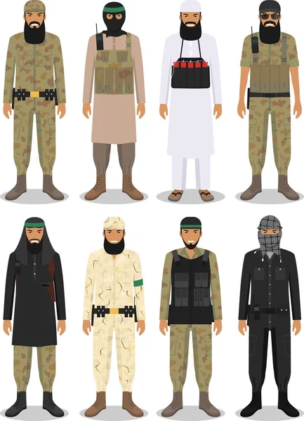 흰색 바탕에 플랫 스타일에 이슬람 아랍 테러리스트 들의 서로 다른 자세한 그림의 설정. 벡터 일러스트 레이 션. — 스톡 벡터