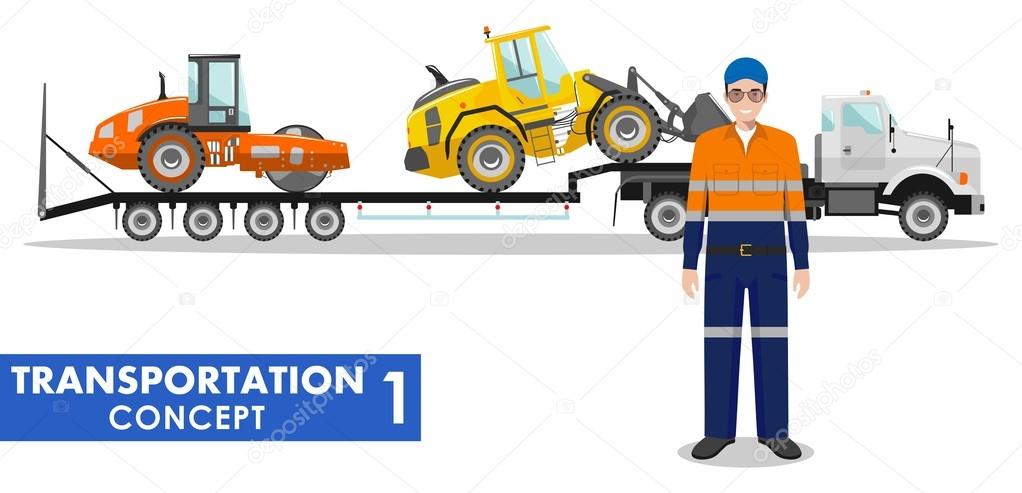 Transportation concept. Detailed illustration of auto transporter, heavy construction machines and driver on white background in flat style. Vector illustration.