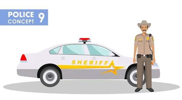 Concetto di poliziotto. Illustrazione dettagliata dello sceriffo e della macchina della polizia in stile piatto su sfondo bianco. Illustrazione vettoriale . — Vettoriale Stock