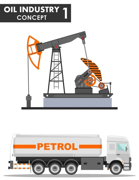 Концепция нефтяной промышленности. Детальная иллюстрация бензовоза и нефтяного насоса в плоском стиле на белом фоне. Векторная иллюстрация . — стоковый вектор