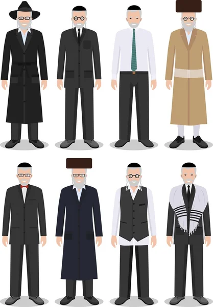 Набор различных стоящих еврейских стариков в традиционной одежде изолирован на белом фоне в плоском стиле. Различия между израильтянами в национальной одежде. Векторная иллюстрация . — стоковый вектор