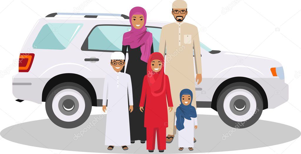 Family and social concept. Arab person generations at different ages. Muslim people father, mother, son and daughter standing together near the car in traditional islamic clothes. Vector illustration.
