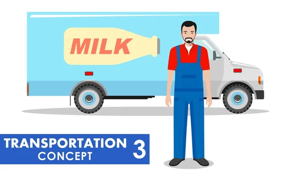 Concepto de transporte. Ilustración detallada de camión lechero y conductor sobre fondo blanco en estilo plano. Ilustración vectorial . — Vector de stock