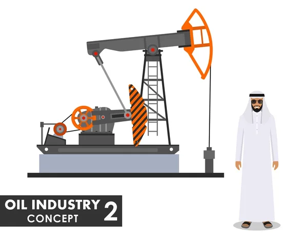 Ölindustrie-Konzept. Detaillierte Illustration der Ölpumpe und arabischer Männer in flachem Stil auf weißem Hintergrund. Vektorillustration. — Stockvektor