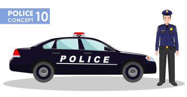 Polis kavramı. Polis ve beyaz arka plan üzerinde düz stil arabaya detaylı Illustration. Vektör çizim.