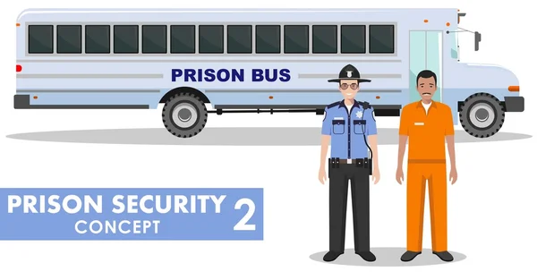Börtön biztonsági koncepció. Részletes illusztráció börtönben busszal, a rendőrség Gárda és a fogoly a lapos stílusú fehér háttér. Vektoros illusztráció. — Stock Vector