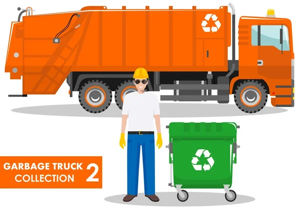 Garbage truck collection. Detailed illustration of garbage man, truck and dumpster on white background in flat style. Vector illustration. — ストックベクタ