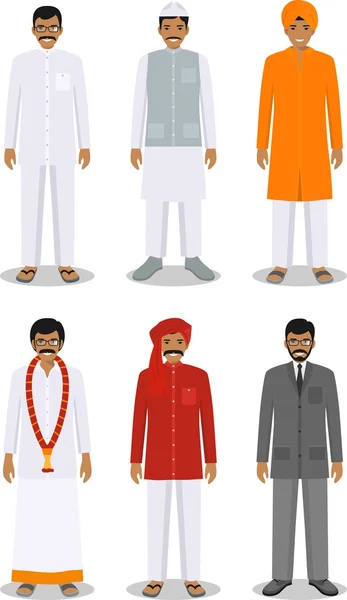 फ्लैट शैली में सफेद पृष्ठभूमि पर अलग पारंपरिक कपड़ों में विभिन्न खड़े भारतीय पुरुषों का सेट। पूर्व पोशाक में लोगों के मतभेद। वेक्टर चित्र . — स्टॉक वेक्टर