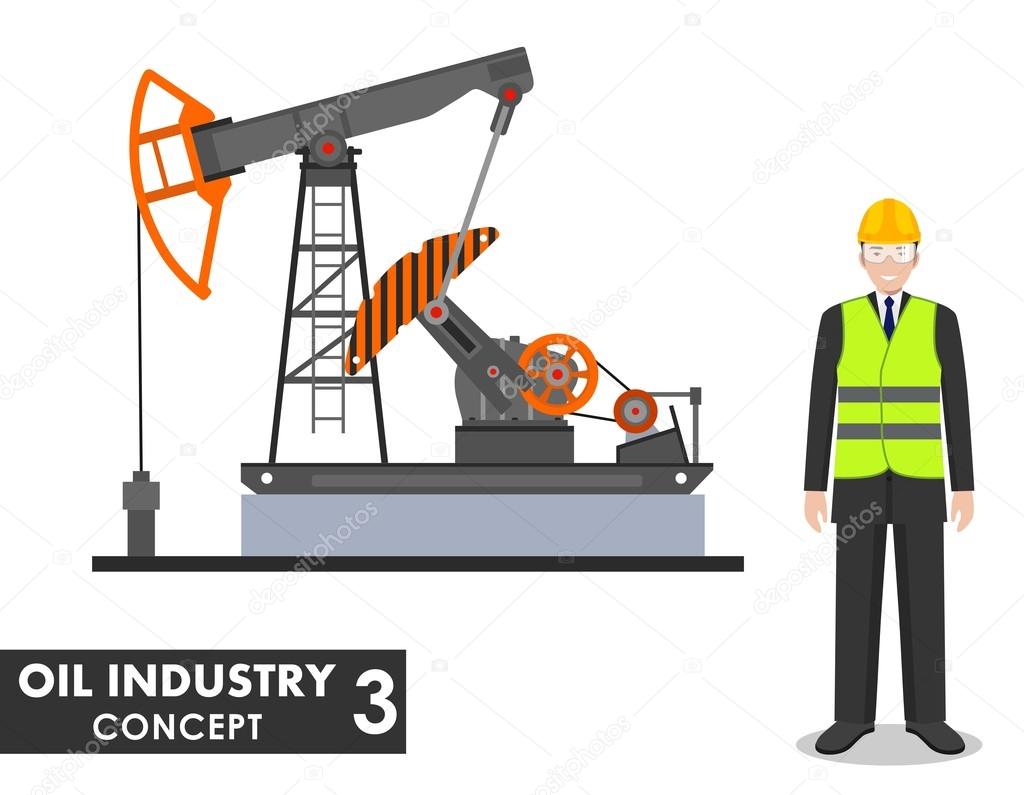 Oil industry concept. Detailed illustration of businessman, engineer and oil pump in flat style on white background. Vector illustration.