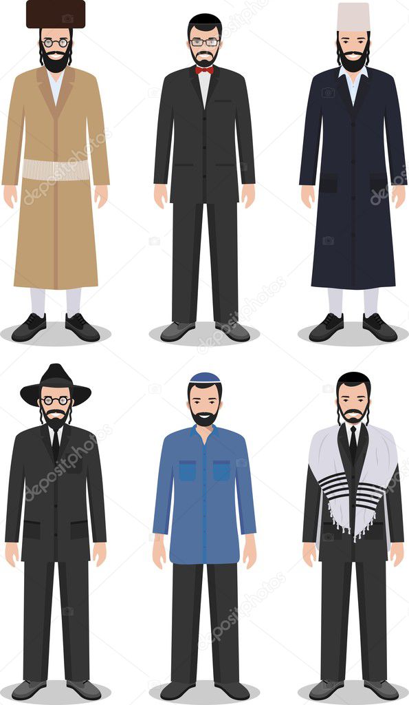 Set of different standing jewish men in the traditional clothing isolated on white background in flat style. Differences Israelis in the national dress. Vector illustration.