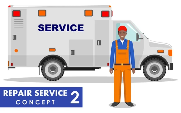 Reparatie dienstverleningsconcept. Gedetailleerde illustratie van dienst machine en hersteller op witte achtergrond in vlakke stijl. Vectorillustratie. — Stockvector