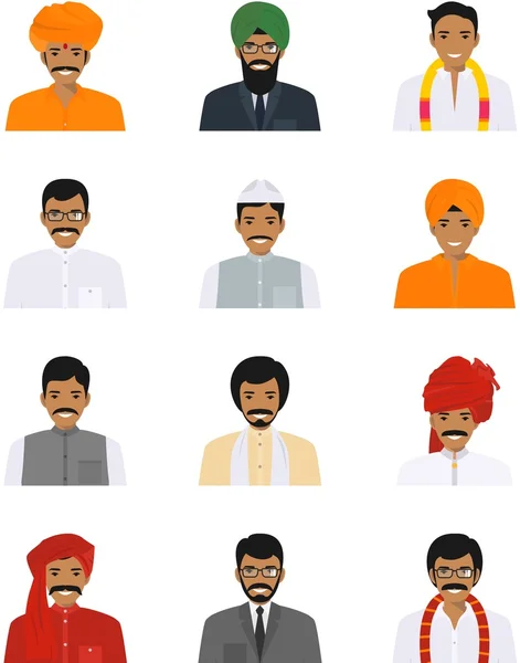 Différents personnages indiens avatars icônes ensemble dans un style plat isolé sur fond blanc. Différences hindoues hommes ethniques souriants visages dans les vêtements traditionnels. Illustration vectorielle . — Image vectorielle