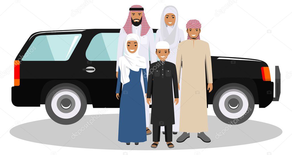 Family and social concept. Arab person generations at different ages. Muslim people father, mother, son and daughter standing together near the car in traditional islamic clothes. Vector illustration.