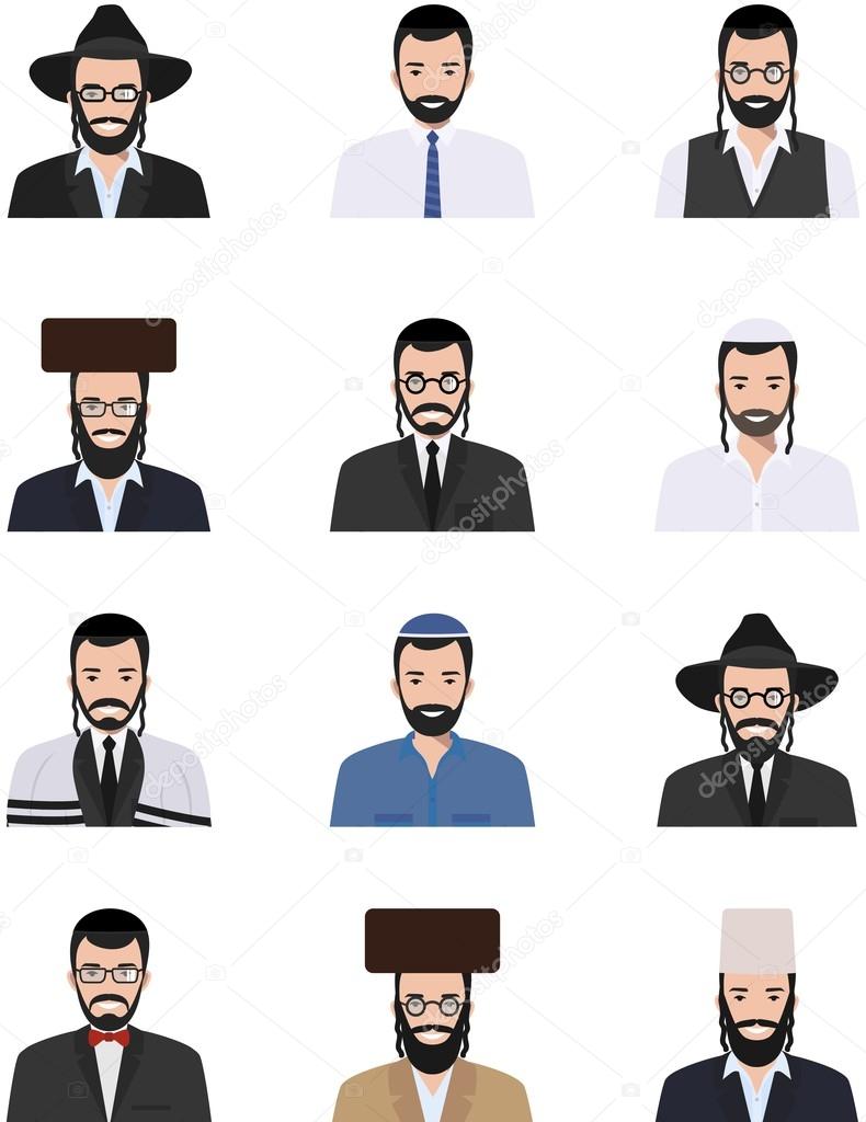 Different jewish people characters avatars icons set in flat style isolated on white background. Differences Israelis ethnic man smiling faces in traditional clothing. Vector illustration.
