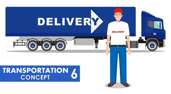 Conceito de transporte. Ilustração detalhada do caminhão de entrega e motorista no fundo branco em estilo plano. Ilustração vetorial . — Vetor de Stock