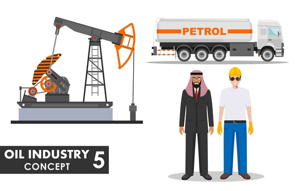 Olie industrie concept. Gedetailleerde illustratie van benzine vrachtwagen, oliepomp, zakenman, ingenieur en Arabische mannen in vlakke stijl op witte achtergrond. Vectorillustratie. — Stockvector