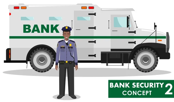 Bank security concept. Detailed illustration of bank armored car and security guard on white background in flat style. Vector illustration. — Stock Vector