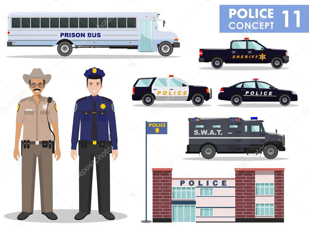 Police concept. Detailed illustration of police station, policeman, sheriff, prison bus, armored S.W.A.T. truck and car in flat style on white background. Vector illustration.