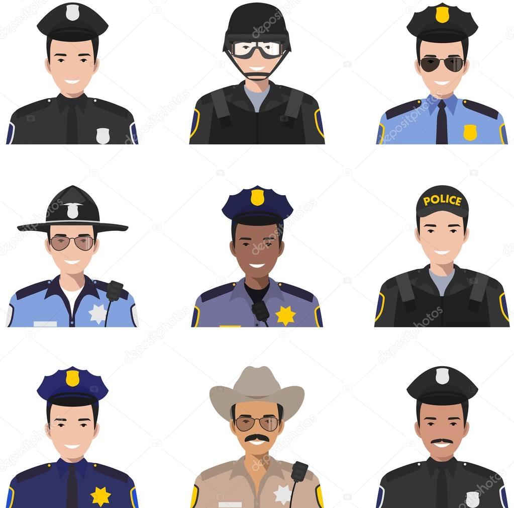 Police people concept. Different policeman characters avatars icons set in flat style isolated on white background. Vector illustration.