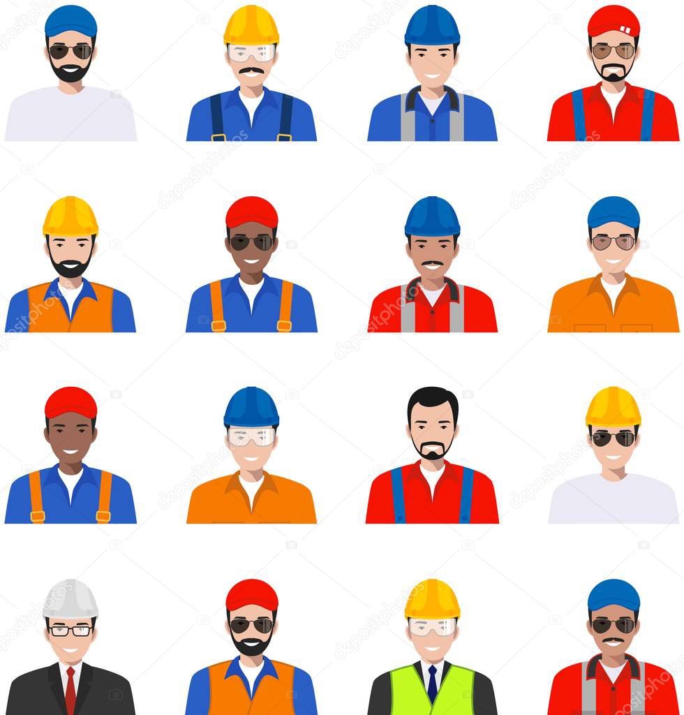 Professional people concept. Set of different colorful profession man flat style icons isolated on white background: worker, builder and engineer. Vector illustration.