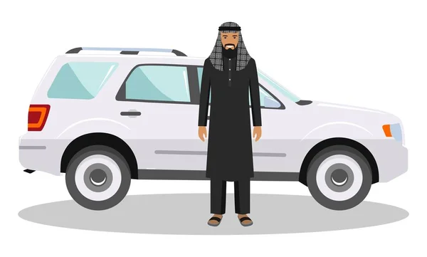 Social concept. Arab man standing near the car in traditional islamic clothes. Detailed illustration of automobile and saudi arabic man on white background in flat style. Vector illustration. — Stock Vector