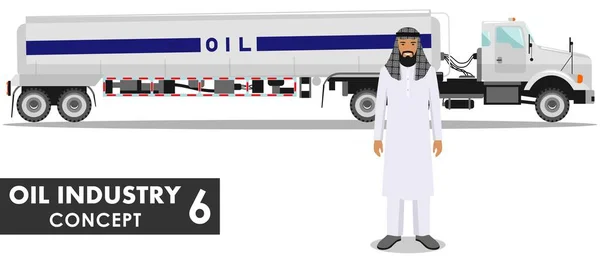 Концепция нефтяной промышленности. Детальная иллюстрация бензовоза и сауди арабика в традиционной исламской одежде в плоском стиле на белом фоне. Векторная иллюстрация . — стоковый вектор