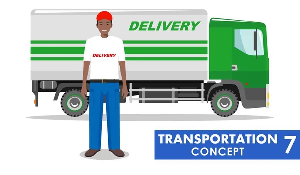Conceito de transporte. Ilustração detalhada do caminhão de entrega e motorista americano africano no fundo branco em estilo plano. Ilustração vetorial . — Vetor de Stock