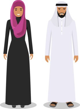Aile ve sosyal kavramı. Müslüman Arap erkek ve kadının birlikte beyaz arka plan üzerinde düz tarzı geleneksel İslam giysili. Vektör çizim.