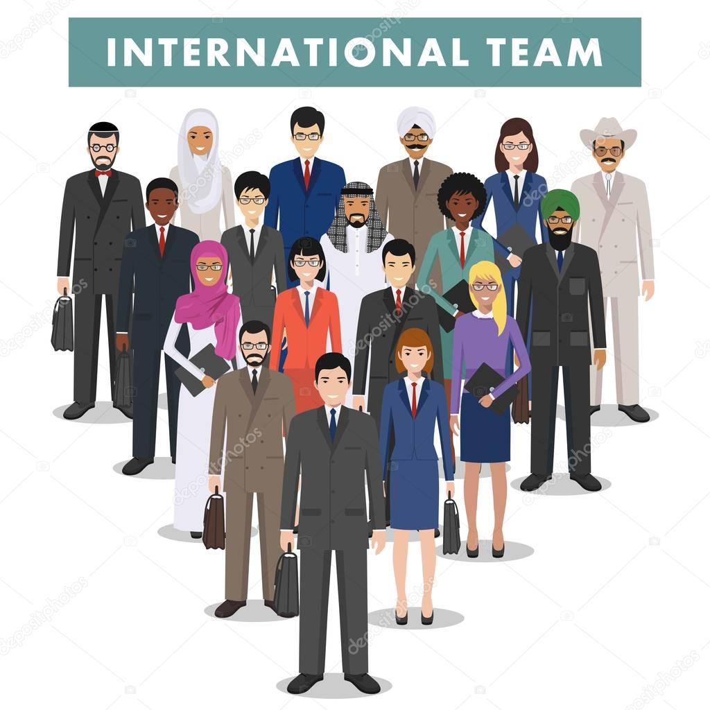 Group of business men and women, working people standing together on white background in flat style. Business team and teamwork concept. Different nationalities and dress styles. Flat design people ch