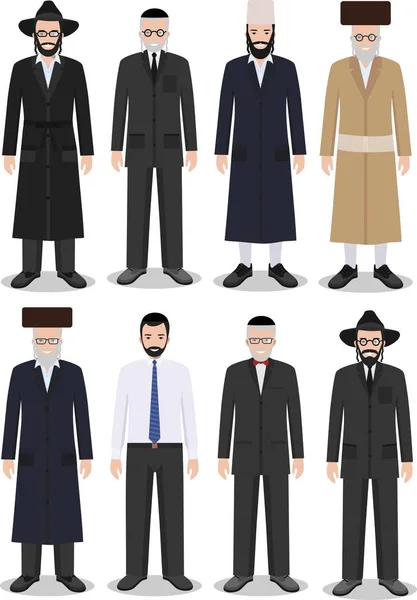 Conjunto de diferentes homens judeus de pé velhos e jovens na roupa tradicional isolado no fundo branco em estilo plano. Diferenças israelenses no vestido nacional. Ilustração vetorial . —  Vetores de Stock