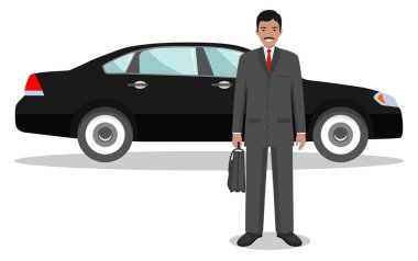 Beyaz arka plan üzerinde car yakınındaki düz stil ayakta iş adamı. Otomobil ve adam detaylı Illustration. İş kavramı. Düz tasarım insanlar karakter. Vektör çizim.