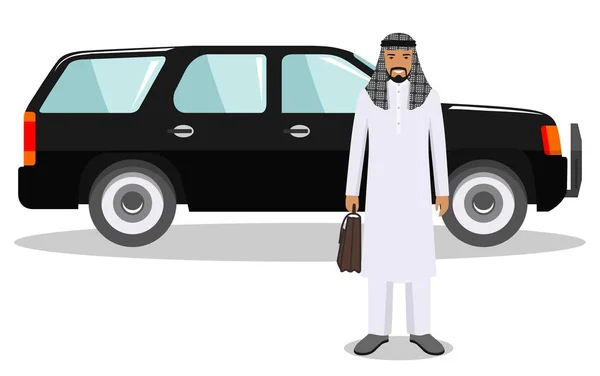 Arabischer Geschäftsmann, der neben dem Auto auf weißem Hintergrund in flachem Stil steht. Geschäftskonzept. Detaillierte Illustration des automobilen und saudi-arabischen Mannes. flaches Design Menschen Charakter. Vektorillustration. — Stockvektor