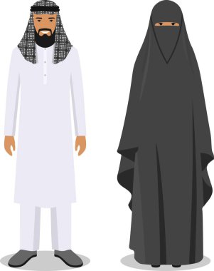 Aile ve sosyal kavramı. Müslüman Arap erkek ve kadının birlikte beyaz arka plan üzerinde düz tarzı geleneksel İslam giysili. Vektör çizim.