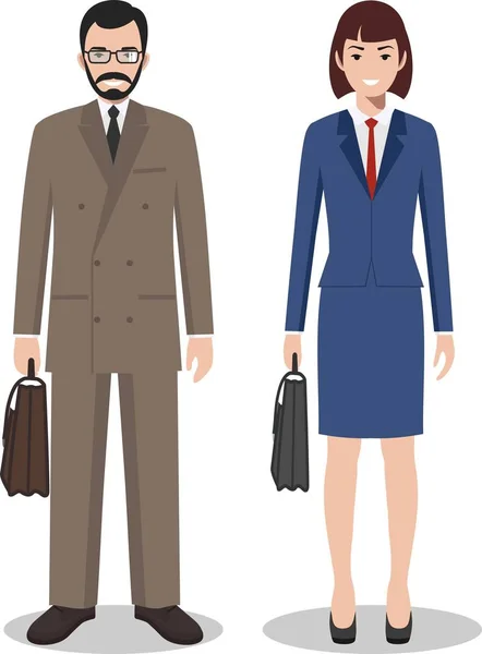 Casal de homem de negócios e mulher de pé juntos sobre fundo branco em estilo plano. Equipe de negócios e conceito de trabalho em equipe. Personagens de pessoas de design plano. Ilustração vetorial . —  Vetores de Stock