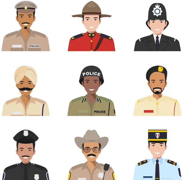 Conceito de polícia. Diferentes personagens policiais avatares ícones definidos em estilo plano isolado no fundo branco. Ilustração vetorial . — Vetor de Stock