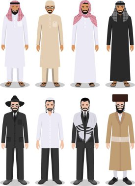 Farklı kümesi Arap ve Yahudi erkekler düz tarzında beyaz arka plan üzerinde izole geleneksel giyim ayakta. Arap geleneksel Müslüman, Arap giyim, Doğu Arap elbise. Farklılıklar İsrailliler