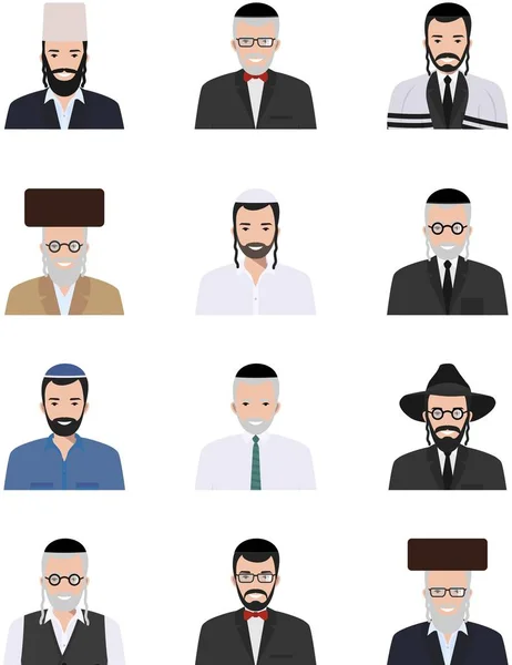 Beyaz arka plan üzerinde izole düz stilde farklı Yahudi yaşlı ve genç erkek karakterleri avatarları Icons set. Etnik farklılıklar İsrailliler geleneksel giyim gülümseyen yüzler insanlar. Vektör — Stok Vektör