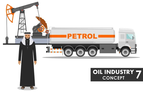 Ölindustrie-Konzept. Detaillierte Illustration von Benzin-LKW, Ölpumpe und arabischem Geschäftsmann in flachem Stil auf weißem Hintergrund. Vektorillustration. — Stockvektor