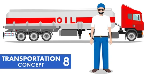 Conceito de transporte. Ilustração detalhada do caminhão a gasolina e motorista sobre fundo branco em estilo plano. Ilustração vetorial . — Vetor de Stock